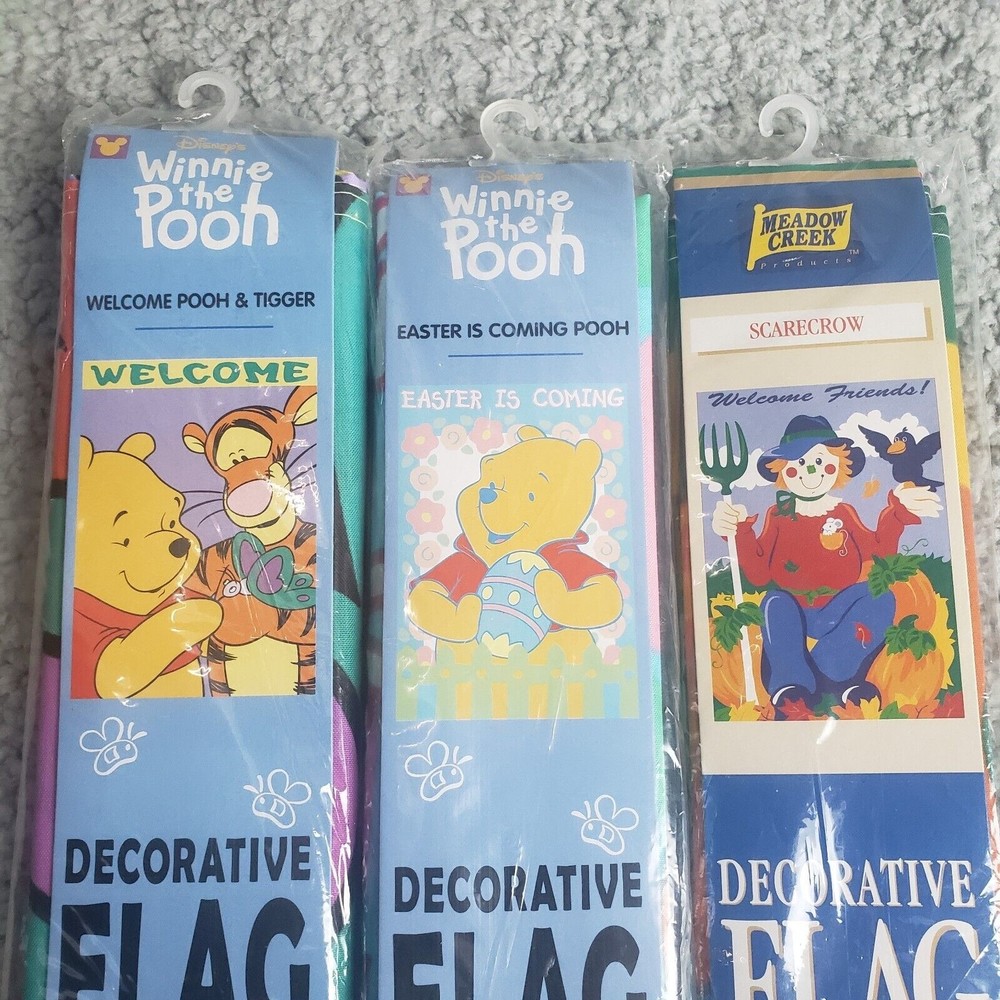 2 Disney Winnie the Pooh Yard Garden Flags EASTER IS COMING & WELCOME Bundle Lot